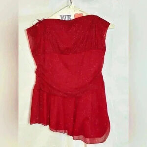 Open Shoulder Red Shimmer Asymmetrical Dressy Blouse (Size XL)